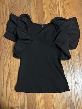 Haute Monde Black V-Neck Ruffle Sleeve Top